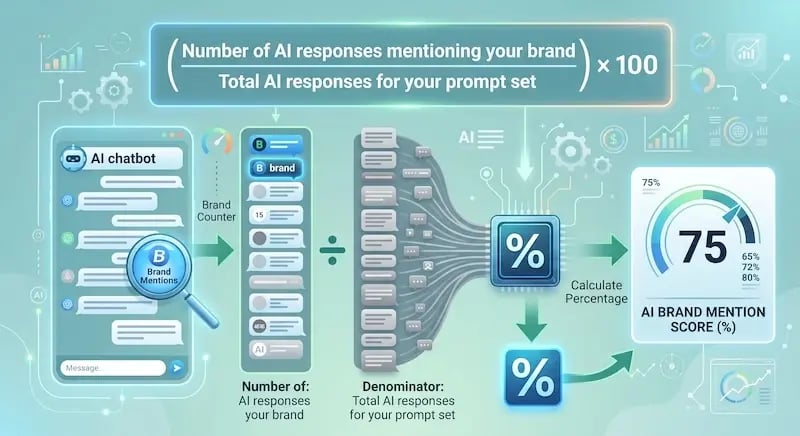 An infographic illustrating how to calculate an AI Brand Mention Score (%).  The top banner shows the calculation formula: (Number of AI responses mentioning your brand / Total AI responses for your prompt set) x 100.  The process is broken into steps:  A smartphone displaying an 'AI chatbot' conversation is shown. A magnifying glass focuses on 'Brand Mentions.'  An arrow points to a 'Brand Counter' that filters responses for a specific brand ('B brand' logo) and identifies 15 mentions. This column is labeled 'Number of: AI responses your brand' (the numerator).  A larger grey list of conversation blocks, representing the 'Denominator: Total AI responses for your prompt set', is funneled into an 'AI' microchip with a percentage symbol (%).  A process arrow with the text 'Calculate Percentage' connects to a card titled 'AI Brand Mention Score (%).'  This card features a large percentage gauge showing a score of '75,' with small comparison markers (65%, 72%, 80%).  The overall illustration uses a clean, light blue and green color palette with glowing light trails and abstract data visualizations.
