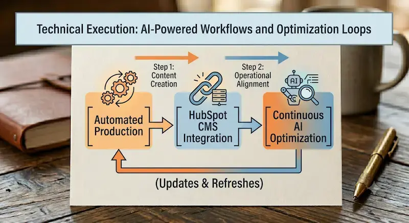 A diagram titled "Technical Execution: AI-Powered Workflows and Optimization Loops" displaying a closed-loop content marketing process. The flowchart begins on the left with "[Automated Production]" paired with a multi-gear icon, with an orange arrow indicating "Step 1: Content Creation." This flows into "[HubSpot CMS Integration]" paired with linked chain and server icons, with a blue arrow indicating "Step 2: Operational Alignment." This leads into "[Continuous AI Optimization]" paired with a robot and magnifying glass icon. From the bottom of the right-hand optimization box, an orange-blue feedback arrow loops back to the left-hand automated production box, labeled "(Updates & Refreshes)," illustrating a self-optimizing technical workflow.