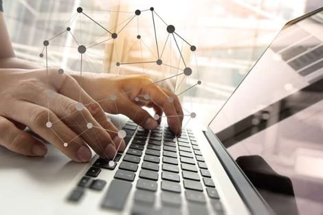 Double exposure of business man hand working on blank screen laptop computer on wooden desk as concept with social media diagram (1)