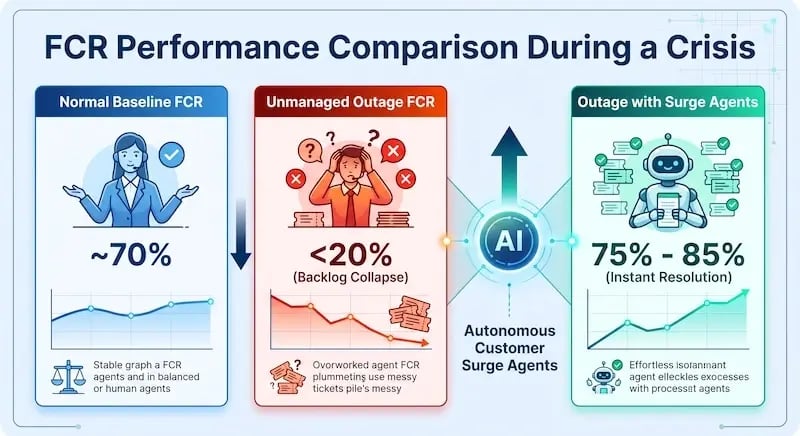 A logical data visualization diagram titled ‘FCR Performance Comparison During a Crisis’, split into three distinct, interconnected panels that illustrate the impact of an outage on First Contact Resolution (FCR).  Normal Baseline FCR (Blue Panel): Shows a calm human agent and a stable, upward-trending line graph, labeled ‘~70%’. The caption reads: ‘Stable graph a FCR agents and in balanced or human agents.’  Unmanaged Outage FCR (Red Panel): Visualizes an overworked agent in distress and a sharply crashing line graph, labeled ‘<20% (Backlog Collapse)’. The caption reads: ‘Ovorworked agent FCR plummeting use messy tickets pile’s messy.’  Outage with Surge Agents (Green Panel): Features an efficient robot agent processing tickets and a robustly climbing line graph, labeled ‘75% - 85% (Instant Resolution)’. The caption reads: ‘Effortless isolansnant agent elleckles exocesses with processirt agents.’  Arrows connect these scenarios, indicating how an unmanaged crisis destroys FCR, but the deployment of autonomous customer surge agents (represented by a glowing 'AI' central hub) recovers and optimizes performance to near-normal levels.