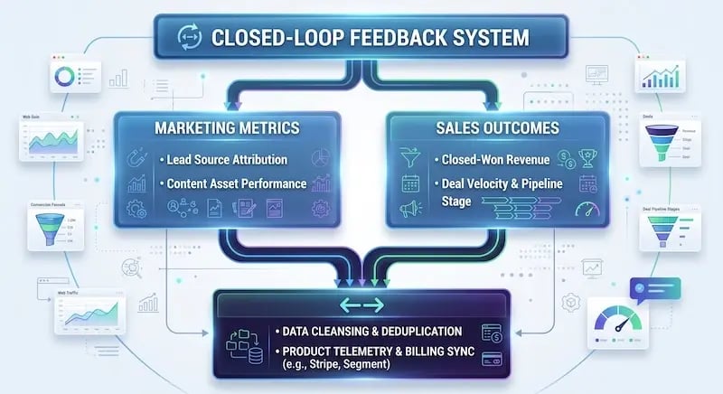 Detailed infographic diagram illustrating a 'CLOSED-LOOP FEEDBACK SYSTEM' for revenue alignment, featuring interconnected dark blue panels with glowing neon green, blue, and purple data lines. At the top, a title panel is linked to two large central modules. The left module, labeled 'MARKETING METRICS,' lists 'Lead Source Attribution' and 'Content Asset Performance' with icons for magnets, charts, and analysis. The right module, 'SALES OUTCOMES,' details 'Closed-Won Revenue' and 'Deal Velocity & Pipeline Stage' with icons for funnels, currency, and speedometers. Both modules feed into a bottom panel centered on a bidirectional arrow icon, which outlines 'DATA CLEANSING & DEDUPLICATION' and 'PRODUCT TELEMETRY & BILLING SYNC (e.g., Stripe, Segment).' The main diagram is surrounded by floating UI cards showing examples of 'Web Data' charts, 'Conversion Funnels,' 'Web Traffic' analysis, 'Deals' pipelines, and gauge visualizations, set against a clean background with subtle data point details and interconnected wireframes.
