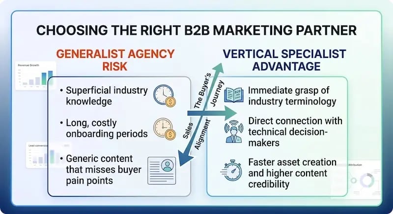 A side-by-side comparison visual titled "Choosing the Right B2B Marketing Partner," contrasting the risks of hiring a generalist agency with the benefits of selecting a vertical specialist:  Generalist Agency Risk: Highlights negative trade-offs including superficial industry knowledge, long and costly onboarding periods, and generic content that misses key buyer pain points.  Vertical Specialist Advantage: Outlines strategic benefits including an immediate grasp of specialized industry terminology, direct connections with technical decision-makers, and faster asset creation paired with higher content credibility.  The two sections are bridged by intersecting arrows labeled "Sales Alignment" and "The Buyer's Journey," demonstrating how domain expertise directly connects marketing execution to B2B sales acceleration.  Image Description / Web Accessibility Summary: This comparison graphic details the operational differences between generalist agencies and specialized B2B marketing partners. It illustrates how domain expertise in technical sectors eliminates costly onboarding cycles, accurately targets technical buying committees, and speeds up content delivery to improve pipeline performance.