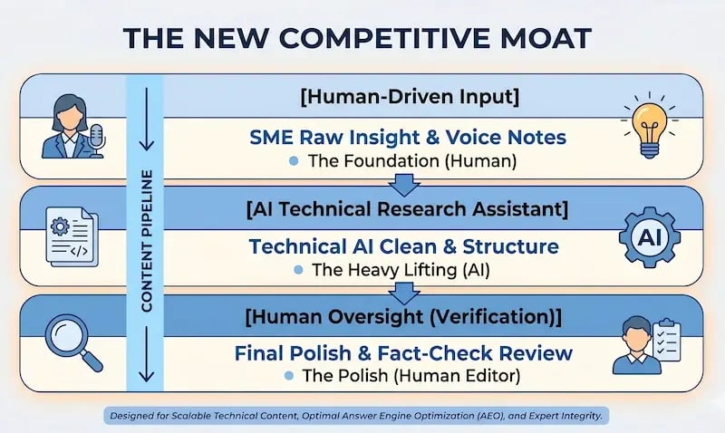 Competitive moat for technical topics comparing generalist AI content output with proprietary data and subject-matter expertise
