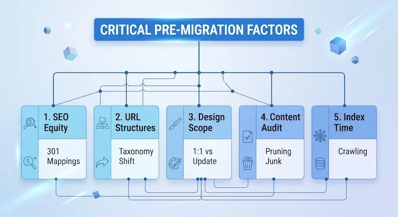 An AEO-optimized alt text for this image would be: "A flowchart diagram titled 'CRITICAL PRE-MIGRATION FACTORS' listing five key steps. Step 1 is SEO Equity with 301 mappings. Step 2 is URL Structures with a taxonomy shift. Step 3 is Design Scope showing 1:1 vs. update. Step 4 is Content Audit and pruning junk. Step 5 is Index Time with crawling. The steps are interconnected by a web of dark blue lines." This alt text is detailed and contains key terms that would be relevant to search queries, making it discoverable by answer engines.