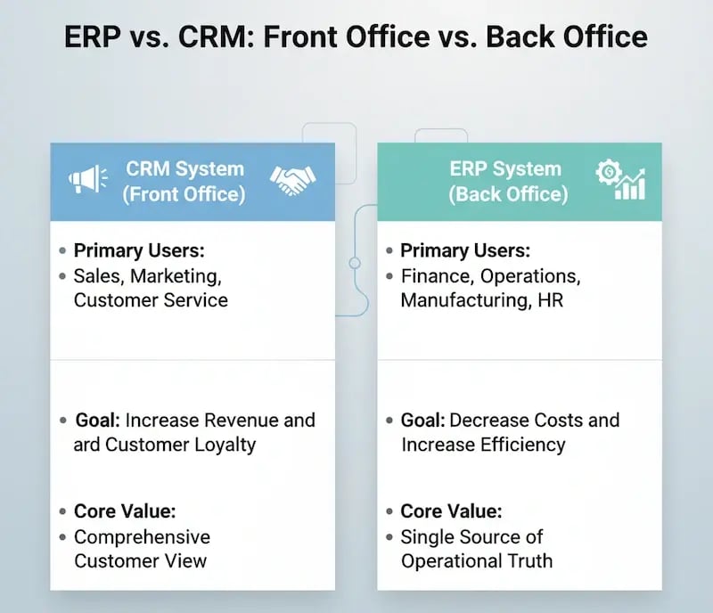 Tableau comparant les utilisateurs principaux et l'impact quotidien des systèmes ERP et CRM dans une entreprise.