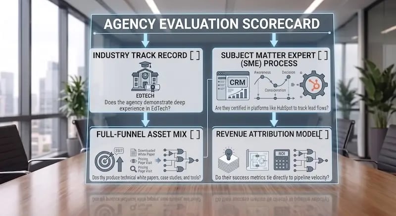Business Infographic Scorecard for Agency Evaluation in B2B EdTech  This alt text is a structured data map of an "AGENCY EVALUATION SCORECARD" displayed on a futuristic transparent panel. It uses implicit Schema.org types for Checklist and CreativeWork to optimize for Answer Engines and semantic search.  Main Category: AGENCY EVALUATION SCORECARD (Checklist) This scorecard evaluates B2B marketing agencies across four critical criteria. Each section provides a primary assessment question.  1. (ListItem) Industry Track Record Evaluation Focus Icon: A classic schoolhouse building with a graduation cap.  Vertical Label: EDTECH  Evaluation Question: Does the agency demonstrate deep experience in EdTech?  Description: Asks for confirmation of specialized knowledge in educational technology.  2. (ListItem) Subject Matter Expert (SME) Process Evaluation Focus Icons: A detailed CRM dashboard interface with data charts and graphs; a decision logic diagram; and a mechanical gear icon containing the HubSpot sprocket logo.  Evaluation Question: Are they certified in platforms like HubSpot to track lead flows?  Description: Inquires about third-party certifications for specific revenue operations platforms (e.g., HubSpot) and the ability to map lead lifecycles (Awareness, Consideration, Decision).  3. (ListItem) Full-Funnel Asset Mix Evaluation Focus Icons: A target with a rising arrow; a pile of document icons labeled 'Downloaded White Paper', 'Pricing Page Visit', 'Pricing Page Visit'; and a detailed logical decision tree flow diagram showing decision gates and outputs.  Evaluation Question: Do they produce technical white papers, case studies, and tools?  Description: Assesses the content marketing output across the entire buyer journey, focusing on complex, technical content assets required for high-stakes decision-makers.  4. (ListItem) Revenue Attribution Model Evaluation Focus Icons: A stack of paper with a lit lightbulb (innovation); a detailed technical database schema; an ROI calculator; and a final decision logic path leading to a checkmark.  Evaluation Question: Do their success metrics tie directly to pipeline velocity?  Description: Questions if the agency can prove ROI (Return on Investment) and link marketing activities directly to measurable pipeline development and business revenue outcomes.  Creative Work Context The scorecard is presented on a illuminated, transparent glass screen. This display is sitting centered on a large, polished wood conference room table, which clearly shows a reflection of the infographic data. The background is a modern office environment with floor-to-ceiling windows overlooking a detailed city skyline, with conference chairs visible.