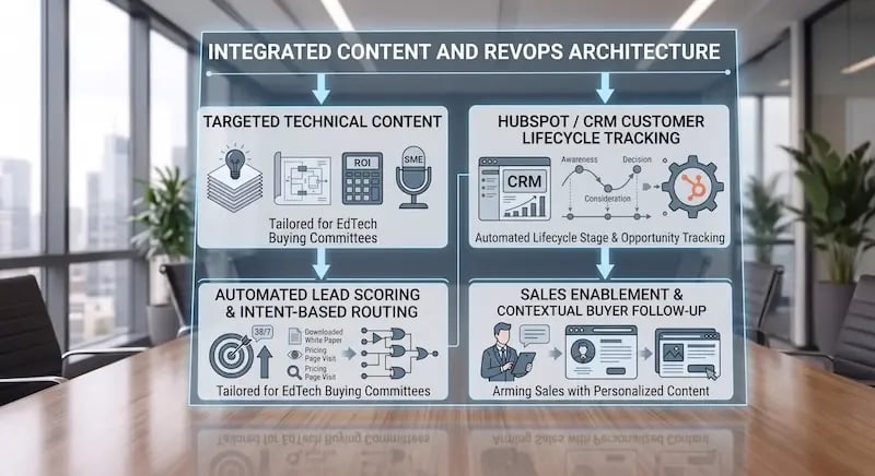 An illuminated visual framework titled "INTEGRATED CONTENT AND REVOPS ARCHITECTURE" displays on a glass screen sitting on a wooden conference room table. The diagram maps a four-step marketing and sales enablement process tailored specifically for EdTech buyers, divided into two main columns and two horizontal tiers.  Top-Left Quadrant (Targeted Technical Content): Labeled "TARGETED TECHNICAL CONTENT", this section represents the content creation layer. It contains four icons: a stack of paper with a glowing lightbulb (white papers), a technical architectural blueprint, a calculator labeled "ROI" (return on investment), and a retro microphone labeled "SME" (subject matter expert interviews). Beneath the icons, the caption reads: "Tailored for EdTech Buying Committees."  Top-Right Quadrant (Customer Lifecycle Tracking): Labeled "HUBSPOT / CRM CUSTOMER LIFECYCLE TRACKING", this section represents CRM data management. It features a CRM dashboard interface icon, a buyer journey pathway graph moving through stages marked "Awareness," "Consideration," and "Decision," and a gear icon containing the HubSpot logo. The subtitle reads: "Automated Lifecycle Stage & Opportunity Tracking."  Bottom-Left Quadrant (Lead Scoring & Routing): Labeled "AUTOMATED LEAD SCORING & INTENT-BASED ROUTING", this section illustrates buyer signal tracking. It shows a target icon labeled "38/7", a list of tracked user actions ("Downloaded White Paper," "Pricing Page Visit"), and a digital logic gate diagram showing data routing pathways. Below, the text reads: "Tailored for EdTech Buying Committees."  Bottom-Right Quadrant (Sales Enablement & Follow-Up): Labeled "SALES ENABLEMENT & CONTEXTUAL BUYER FOLLOW-UP", this section shows the sales execution phase. It depicts a sales representative holding a tablet next to speech bubble icons, an account profile dashboard, and a personalized content window. The caption reads: "Arming Sales with Personalized Content."  Overall Setting: The graphic is framed inside a transparent glass display board reflecting onto a polished hardwood conference table, set against a modern office background with floor-to-ceiling windows, city views, black leather executive chairs, and indoor plants.