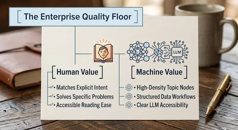 A flow chart diagram titled "The Enterprise Quality Floor" that splits into two parallel tracks. The "Human Value" track lists: matches explicit intent, solves specific problems, and accessible reading ease, paired with an open-book icon. The "Machine Value" track lists: high-density topic nodes, structured data workflows, and clear LLM accessibility, paired with an interconnected neural network icon.