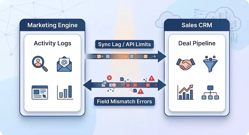 Diagram illustrating systems integration and data sync challenges between a marketing automation engine (HubSpot) and a Sales CRM deal pipeline. The Marketing Engine side displays activity logs including inbound lead activity, email engagement, web page views, and lead scoring data. The Sales CRM side shows the deal pipeline including qualified leads, deal stages, revenue forecasting, and account or contact data. A top arrow demonstrates data flow hindered by Sync Lag and API Limits, represented by queued data blocks. A bottom returning arrow demonstrates data errors caused by Field Mismatch Errors, depicted by broken data blocks, warning icons, and error symbols. This highlights key RevOps bottlenecks in bi-directional CRM integration and marketing automation sync delays.