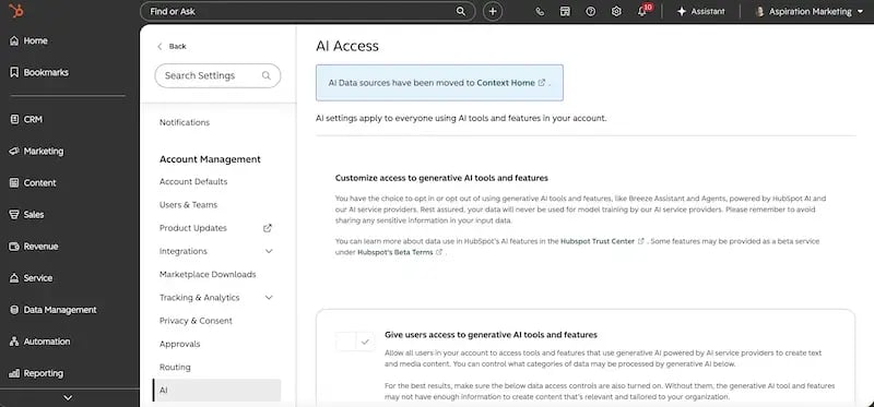 HubSpot AI settings