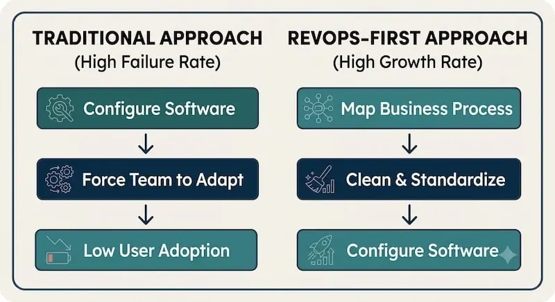 Flowchart comparing the Traditional Approach versus the RevOps-First Approach for CRM implementation. The Traditional Approach, associated with a high failure rate, follows three sequential steps: Configure Software, Force Team to Adapt, and Low User Adoption. The RevOps-First Approach, associated with a high growth rate, follows three sequential steps: Map Business Process, Clean and Standardize, and Configure Software.