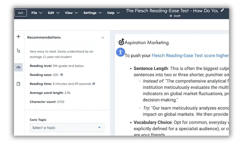 Hubspot Optimize Tab Reading Ease