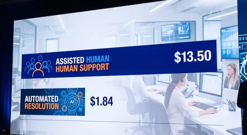 A infographic is displayed on a presentation screen. The title at the top says 'ASSISTED HUMAN SUPPORT $13.50'. Underneath this, another line says 'AUTOMATED RESOLUTION $1.84'. The background of the screen is an open office where people are working.