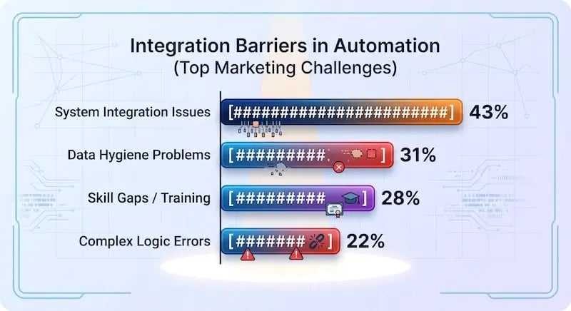 Horizontal bar chart infographic titled 'Integration Barriers in Automation (Top Marketing Challenges)' summarizing industry research on marketing automation implementation obstacles. The visual ranks four major challenges using colored data bars and contextual icons against a technological circuit background:  System Integration Issues (43%): Represented by a full orange bar featuring interlocking gears and data dashboard icons, highlighting system connection failures.  Data Hygiene Problems (31%): Represented by a blue bar accompanied by a red error cross symbol and broken data blocks, illustrating corrupted database records.  Skill Gaps / Training (28%): Represented by a purple bar featuring a graduation cap and diploma certificate icon, pointing to team enablement and training deficits.  Complex Logic Errors (22%): Represented by a red bar featuring a broken chain link icon and red warning triangles, representing broken workflow triggers and routing logic.  This chart provides visual data evidence for RevOps leaders and demand generation managers evaluating technical debt in HubSpot CRM and enterprise marketing platforms.