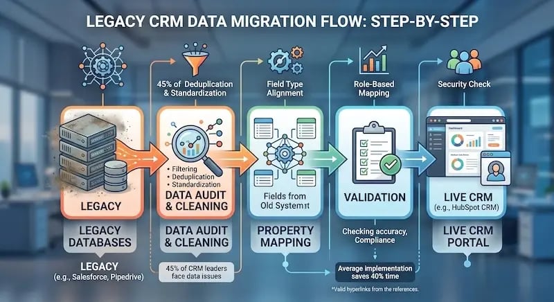 A horizontal data migration infographic flow titled at the top: "LEGACY CRM DATA MIGRATION FLOW: STEP-BY-STEP." Five main stages are depicted as interconnected blue and orange modules. Stage 1 (left): "LEGACY DATABASES" shows vintage computer hardware (labeled "LEGACY," e.g., Salesforce, Pipedrive) and network gears; text reads "LEGACY." Stage 2: "DATA AUDIT & CLEANING" shows filtering funnels, gears, and a dashboard; text includes "Filtering," "Deduplication," "Standardization," and "45% of CRM leaders face data issues." Stage 3: "PROPERTY MAPPING" uses network and field mapping icons; text includes "Field Type Alignment," "Role-Based Mapping." Stage 4: "VALIDATION" shows a checklist with green checkmarks and "Checking accuracy, compliance." Stage 5 (right): "LIVE CRM PORTAL" displays a sleek dashboard with "LIVE CRM" and "Dashboard" visible, along with user profile icons, labeled "LIVE CRM PORTAL." Prominent data arrows indicate linear flow from left to right. Additional detailed labels with icons (gears, funnels, charts, people) elaborate on tasks within each phase. Below Validation, text reads "Average implementation saves 40% time" with an asterisk noting "Valid hyperlinks from references." Small statistics and descriptive labels support the main phases throughout the diagram. The visualization features clean, modern tech graphics and vibrant colors, set against a blurred image of a modern office environment. All chart text and data points are rendered clearly.
