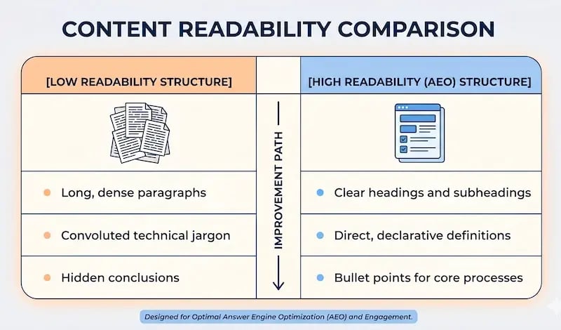Low vs high readability structures comparing unstructured block paragraphs with highly readable, bulleted lists for AEO machine ingestion