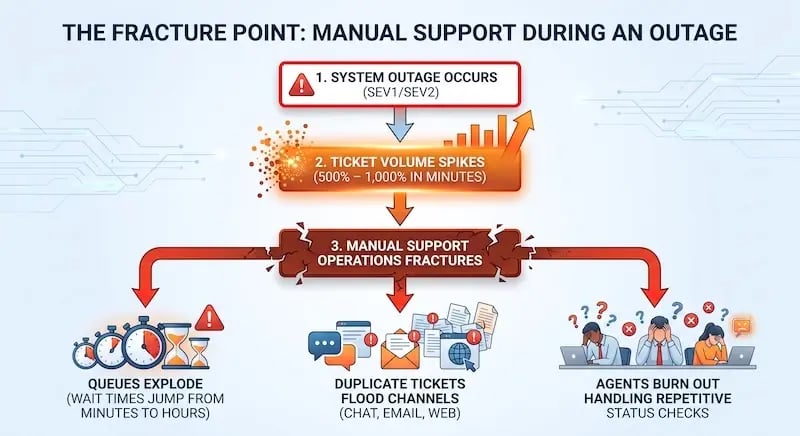 A logical flowchart diagram with modern digital illustrations showing the cascading failure of manual support teams during a SEV1/SEV2 system outage. It visualizes an instant 500% to 1,000% ticket volume spike causing three major issues: queues exploding from minutes to hours; duplicate tickets flooding chat, email, and web; and human agents burning out. This scenario demonstrates the exact moment an enterprise needs to deploy autonomous customer surge agents to maintain first contact resolution and protect CX metrics.