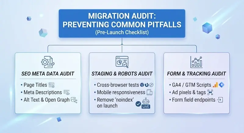 An infographic titled "MIGRATION AUDIT: PREVENTING COMMON PITFALLS (Pre-Launch Checklist)" presenting three detailed checklists for technical and SEO audits before a website launch.  The three columns include:  SEO Meta Data Audit (document and gear icon) covering Page Titles, Meta Descriptions, and Alt Text & Open Graph.  Staging & Robots Audit (web browser icon) covering Cross-browser tests (represented by Chrome, Firefox, and other browser logos), Mobile responsiveness, and removing 'noindex' on launch (represented by a 'LIVE' robot icon).  Form & Tracking Audit (line graph icon) covering GA4 / GTM Scripts (represented by Google Analytics and Tag Manager logos), Ad pixels & tags, and Form field endpoints.  The diagram uses a light blue and white modern design with subtle glowing light effects and floating geometric cubes against a gradient background.