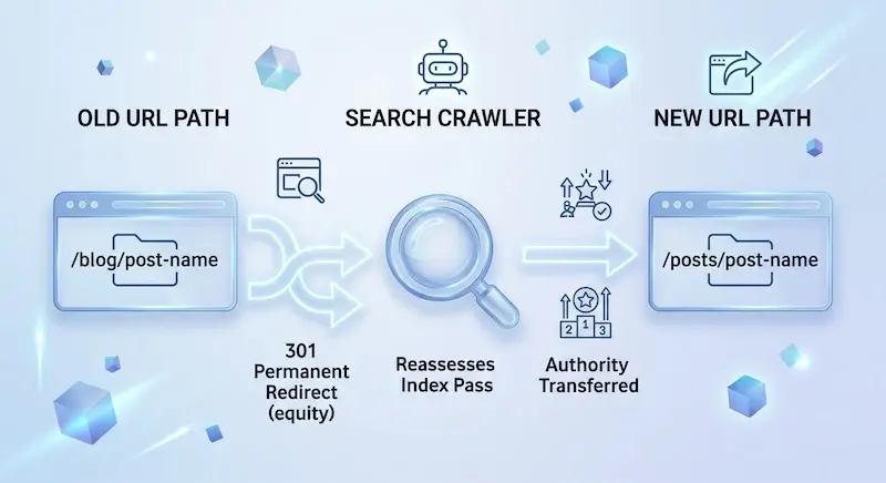 An infographic illustrating the technical SEO process of a 301 permanent redirect. The diagram, titled with headers "OLD URL PATH," "SEARCH CRAWLER," and "NEW URL PATH," shows the journey from an original webpage URL "/blog/post-name" to a final new URL "/posts/post-name." The process is depicted in three main stages:  301 Permanent Redirect (equity): A browser icon displaying the old path ("/blog/post-name") points to an icon of a search crawler robot and intersecting curved arrows. This represents the implementation of the permanent redirect to pass ranking signals and historical authority.  Reassesses Index Pass: A large magnifying glass icon symbolizes the search engine bot processing the redirect. Below it, the text explains this stage involves the crawler re-evaluating the indexed data from the old page.  Authority Transferred: A browser icon displaying the new path ("/posts/post-name") and a ranking podium icon with stars indicate the final stage. The text confirms that the page authority, ranking power, and trust factors have successfully migrated to the new URL destination.  The infographic features floating 3D cube icons and subtle light flare effects on a light-gradient blue and white background, highlighting a clean, professional, and digital marketing concept.