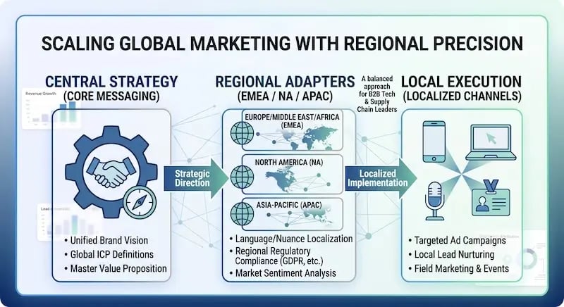 A detailed process diagram titled "Scaling Global Marketing with Regional Precision," depicting the three-stage framework for international B2B market expansion:  Central Strategy (Core Messaging): Defines corporate-level strategy featuring a unified brand vision, global Ideal Customer Profile (ICP) definitions, and a master value proposition. An arrow labeled "Strategic Direction" routes data to regional adapters.  Regional Adapters (EMEA / NA / APAC): Tailors global strategy across key regions—Europe/Middle East/Africa (EMEA), North America (NA), and Asia-Pacific (APAC)—focusing on language and nuance localization, regional regulatory compliance (such as GDPR), and local market sentiment analysis. An arrow labeled "Localized Implementation" connects to execution.  Local Execution (Localized Channels): Delivers targeted field campaigns, including specialized ad campaigns, localized lead nurturing workflows, and regional field marketing and events.  Image Description / Web Accessibility Summary: This international expansion infographic demonstrates how global B2B companies scale their inbound strategy across diverse markets. It shows how centralized corporate messaging flows through regional adapters—which customize assets for local languages, cultural nuances, and data privacy regulations—before executing targeted campaigns in local markets.