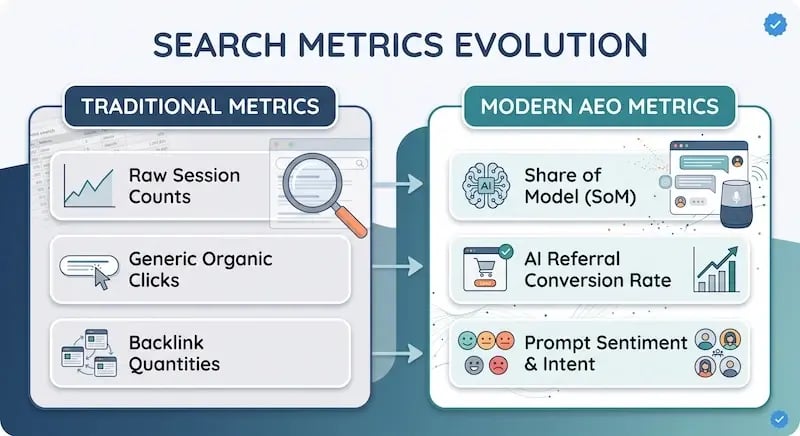 A side-by-side comparison diagram titled "Search Metrics Evolution" detailing the strategic transition from traditional organic search tracking to modern Answer Engine Optimization (AEO) performance tracking. The infographic features two main structural columns with directional progress arrows connecting corresponding metrics: Left Column: Traditional Metrics – Focuses on legacy search engine key performance indicators (KPIs), illustrated with standard analytics charts, web pages, and link icons: Raw Session Counts (volume-based website traffic monitoring). Generic Organic Clicks (traditional SERP link click-through rates). Backlink Quantities (raw inbound link building counts). Right Column: Modern AEO Metrics – Focuses on generative engine optimization (GEO) and AI search analytics, illustrated with AI brain nodes, conversational chat boxes, and sentiment indicator icons: Share of Model (SoM) (brand visibility and citation frequency across Large Language Models like ChatGPT, Perplexity, and Gemini). AI Referral Conversion Rate (tracking high-intent user conversions and pipeline velocity from conversational engines). Prompt Sentiment & Intent (evaluating brand positioning, context, and user sentiment within generated AI search answers).