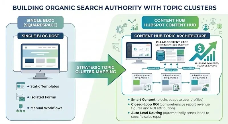 A detailed infographic titled "BUILDING ORGANIC SEARCH AUTHORITY WITH TOPIC CLUSTERS," illustrating a strategic transition and comparison of website content management systems. The image is split into two main sections with an arrow between them.  The left section, set against a light-blue background panel, is labeled "SINGLE BLOG (SQUARESPACE)" with the sub-header "SINGLE BLOG POST." It features an illustration of a silver desktop monitor showing a generic template webpage. Below the monitor are icons and a bulleted list: "Static Templates" with a webpage icon, "Isolated Forms" with an envelope and form icon, and "Manual Workflows" with a workflow tree icon.  A large, prominent green arrow pointing to the right bridges the gap, containing the text "STRATEGIC TOPIC CLUSTER MAPPING." A small green box to its left contains the text "Aspiration Marketing Expertise." Above this main arrow, a small grey gear and a dashed arrow point up towards the top of the HubSpot panel, labeled "Squarespace growth ceiling."  The right section, set against a light-green background panel, is labeled "CONTENT HUB HUBSPOT CONTENT HUB" with the sub-header "CONTENT HUB TOPIC ARCHITECTURE." It details a structured architecture featuring:  A silver desktop monitor displaying a detailed, professional dashboard with various data charts and graphs (like circle, line, and bar charts).  A large dark blue document stack with a magnifying glass, labeled "PILLAR CONTENT PAGE (Core Industry Topic Overview)."  A large, upward-slanting blue graph arrow with a green dollar sign ($) icon, labeled "HUBSPOT POWERED REVENUE ENGINE."  Three distinct blocks below, all connected by light-blue arrows labeled "Internal Link" back to the pillar page, and horizontal bidirectional arrows between them. These are:  Left: "Subtopic Cluster Blog Article 1," featuring a book icon with a lightbulb.  Middle: "Subtopic Cluster Blog Article 2," featuring an open tablet with charts.  Right: "Subtopic Cluster Blog Article 3," featuring a person with a speech bubble and thought bubbles. Below this structured area are icons and a bulleted list: "Smart Content (blocks adapt to user profiles)" with a webpage and gears icon, "Closed-Loop ROI (comprehensive report revenue figures and ROI attribution)" with a document stack and magnifying glass over gears and charts, and "Auto Lead Routing (automatically sends leads to specific sales reps)" with a funnel and person with dollar sign icon. Subtle icons like gears, social profiles, and money signs float above this panel.