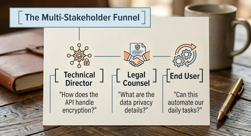 A flowchart diagram titled "The Multi-Stakeholder Funnel" that splits into three vertical persona tracks. The "Technical Director" track asks "How does the API handle encryption?" paired with a secure network icon. The "Legal Counsel" track asks "What are the data privacy details?" paired with a secure handshake icon. The "End User" track asks "Can this automate our daily tasks?" paired with a rotating gears icon.