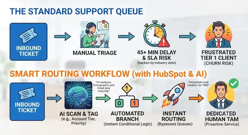 Comparison infographic of traditional and smart support ticket routing workflows, featuring a high-level overview and step-by-step breakdown. The top 'Standard Support Queue' panel illustrates the manual process, highlighting potential inefficiencies like delays, SLA risks, and high churn rates for critical accounts. The bottom 'Smart Routing Workflow' panel showcases the idealized modern process using HubSpot and AI, demonstrating how it overcomes those challenges through automated prioritization, intelligent branching, instant routing, and direct assignment to a dedicated Technical Account Manager (TAM) for proactive service and Net Revenue Retention.