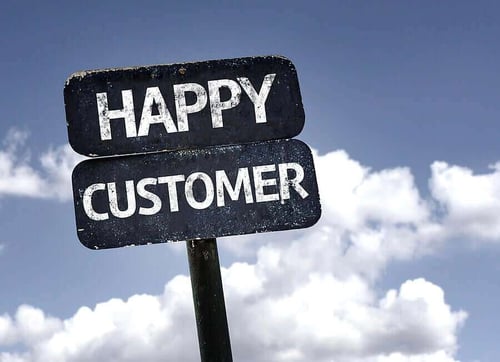 Happy customer sign with clouds and sky background