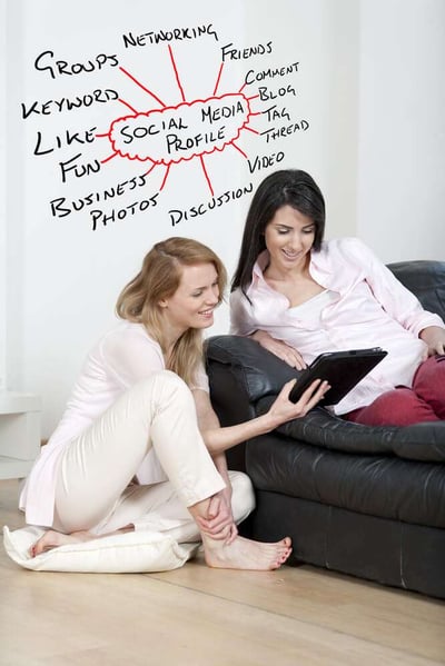 Two friends using a tablet for social media, displaying a diagram concept.