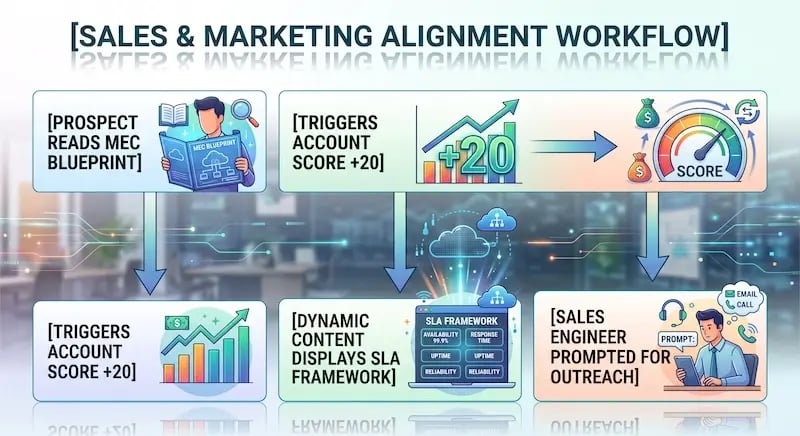 An infographic titled "[SALES & MARKETING ALIGNMENT WORKFLOW]" illustrating a four-step automated lead scoring and engagement process, using modern corporate vector illustrations against a blurred office background.  The workflow is organized into four main connected phases:  Phase 1: Prospect Engagement  Text: "[PROSPECT READS MEC BLUEPRINT]"  Icon: A man wearing glasses holds an open "MEC BLUEPRINT" document featuring a cloud-based network diagram. He also uses a magnifying glass, and several books are visible, signifying research and learning.  Phase 2: Lead Scoring Trigger  Text: "[TRIGGERS ACCOUNT SCORE +20]"  Icon (Internal Details): This section includes an upward-trending bar graph with a bold "+20" graphic. A horizontal arrow points to a circular "SCORE" gauge or dial (speedometer style) with a needle pointing to a medium level.  Icon (External Context): Surrounding icons include two brown money bags (one with a dollar sign) and a circular set of dynamic arrows, indicating increased potential and activity. A direct vertical arrow points from this phase to the bottom row of panels.  Phase 3: Personalized Content Delivery  Text: "[DYNAMIC CONTENT DISPLAYS SLA FRAMEWORK]"  Icon: A dynamic illustration featuring a centralized "SLA FRAMEWORK" table displayed on a laptop screen. The table cells are populated with placeholder text like "AVAILABILITY 99.9%," "RESPONSE TIME," "UPTIME," and "RELIABILITY." A cluster of three cloud icons with a network topology above them is linked to the laptop, and glowing digital circuits connect it back to the first phase, emphasizing personalization based on behavior.  Phase 4: Sales Team Activation  Text: "[SALES ENGINEER PROMPTED FOR OUTREACH]"  Icon: A focused Sales Engineer is seated at a desk, looking at a tablet with the message "PROMPT:." He is wearing a communication headset. Overhead, a chat bubble contains the text "EMAIL CALL." The surrounding background elements—glowing network nodes, data streams, and office reflections—converge on this final step, showing how automation leads to precise, manual outreach.  The entire infographic uses clear text labels in rectangular boxes and modern icon styles, with logical flow arrows connecting each component.