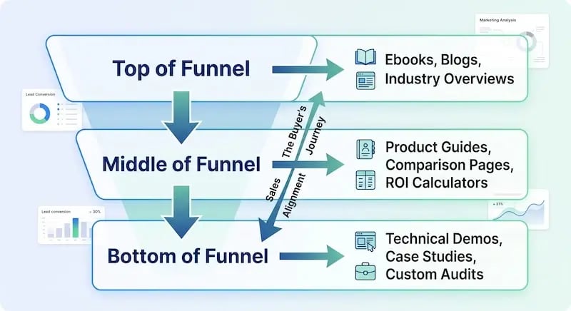 A detailed marketing funnel infographic illustrating content alignment across three stages of the B2B buyer's journey:  Top of Funnel: Represents the awareness stage, mapped to top-of-funnel content assets including Ebooks, Blogs, and Industry Overviews.  Middle of Funnel: Represents the consideration stage, mapped to middle-of-funnel assets including Product Guides, Comparison Pages, and ROI Calculators.  Bottom of Funnel: Represents the decision stage, mapped to bottom-of-funnel content including Technical Demos, Case Studies, and Custom Audits.  An arrow labeled "Sales Alignment" connects the stages along "The Buyer's Journey," showing how structured content guides qualified leads from initial discovery to final sales conversion.  Image Description / Web Accessibility Summary: This diagram demonstrates how a B2B inbound marketing strategy maps specific content formats to each stage of the sales pipeline. Top-of-funnel educational resources attract broad awareness, middle-of-funnel comparison tools evaluate solutions, and bottom-of-funnel technical assets drive sales conversion and ROI validation.