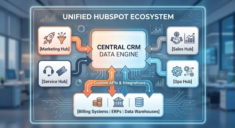 A detailed infographic illustrating the integrated "Unified HubSpot Ecosystem" for a Canadian business. A large central blue panel is labeled "CENTRAL CRM DATA ENGINE." Four smaller, stylized blue panels with distinct icons and orange data arrows show other HubSpot Hubs feeding into the Central Data Engine: [Marketing Hub] with a rocket/funnel icon, [Sales Hub] with a handshake/graph icon, [Service Hub] with a headset/ticket icon, and [Ops Hub] with a gear/automation icon. Below the central engine, a large white panel details external connections, labeled "[Billing Systems | ERPs | Data Warehouses]" with icons for stacked coins, a bank-style building, and a data stack. Bidirectional orange and light blue arrows connect the Central Data Engine to this lower panel, with text reading "Custom APIs & Integrations." The entire ecosystem is contained within a glowing blue digital screen interface with visible circuit patterns, set against a blurred, modern open-plan office background with desks and potted plants, visible through large windows.