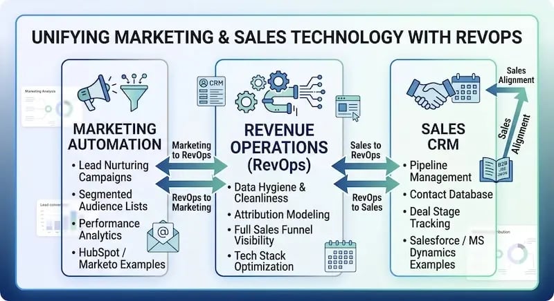 A detailed technical architecture flowchart titled "Unifying Marketing & Sales Technology with RevOps," illustrating bidirectional data flow across a three-stage technology stack:  Marketing Automation (HubSpot / Marketo): Controls lead nurturing campaigns, segmented audience lists, and performance analytics. Bidirectional arrows connect this module to Revenue Operations for data synchronization.  Revenue Operations (RevOps Central Hub): Serves as the core engine managing data hygiene and cleanliness, multi-touch attribution modeling, full sales funnel visibility, and tech stack optimization. It routes data continuously between marketing and sales.  Sales CRM (Salesforce / MS Dynamics): Manages pipeline workflows, contact databases, deal stage tracking, and direct sales alignment.  A side loop labeled "Sales Alignment" connects back to the full system, visually demonstrating how integrated Revenue Operations aligns lead generation directly with closed revenue creation.  Image Description / Web Accessibility Summary: This system integration diagram highlights how Revenue Operations (RevOps) acts as a central data bridge between Marketing Automation software (like HubSpot or Marketo) and Sales CRM platforms (like Salesforce or Microsoft Dynamics). It emphasizes that real-time data flow, clean attribution modeling, and automated lead handoffs are essential for eliminating operational friction between marketing and sales teams.