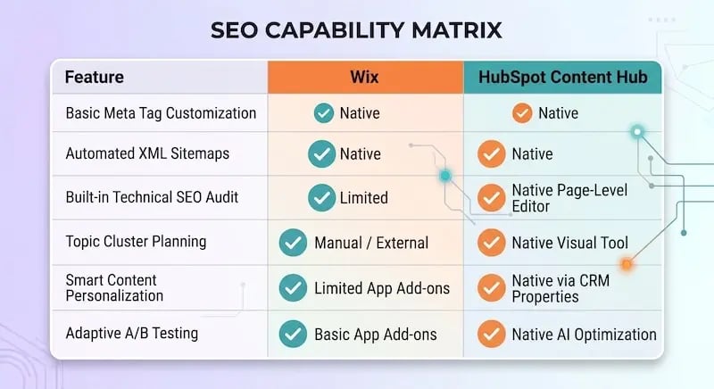A detailed comparison chart infographic titled 'SEO CAPABILITY MATRIX' comparing the SEO features of Wix and HubSpot Content Hub. The matrix is organized into a table with six rows of features and three columns: 'Feature', 'Wix', and 'HubSpot Content Hub'. The Wix column is highlighted in orange, and the HubSpot Content Hub column is in teal. Green and orange checkmark icons indicate availability. The rows and data are as follows:  Row 1: Basic Meta Tag Customization. Wix has a green checkmark with 'Native'. HubSpot has an orange checkmark with 'Native'.  Row 2: Automated XML Sitemaps. Wix has a green checkmark with 'Native'. HubSpot has an orange checkmark with 'Native'.  Row 3: Built-in Technical SEO Audit. Wix has a green checkmark with 'Limited'. HubSpot has an orange checkmark with 'Native Page-Level Editor'.  Row 4: Topic Cluster Planning. Wix has a green checkmark with 'Manual / External'. HubSpot has an orange checkmark with 'Native Visual Tool'.  Row 5: Smart Content Personalization. Wix has a green checkmark with 'Limited App Add-ons'. HubSpot has an orange checkmark with 'Native via CRM Properties'.  Row 6: Adaptive A/B Testing. Wix has a green checkmark with 'Basic App Add-ons'. HubSpot has an orange checkmark with 'Native AI Optimization'.  The overall image style is a clean digital interface with technical background graphics, like circuit patterns and subtle purple and light blue gradients.
