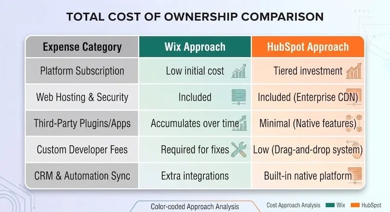 An infographic titled: 'Total Cost of Ownership (TCO) Comparison: Wix Approach vs. HubSpot Approach for Business Websites and CRM.' The image presents a six-row, three-column comparison chart on a light background with subtle circuit traces.  Column Structure: The columns are titled 'Expense Category' (dark gray header), 'Wix Approach' (teal header), and 'HubSpot Approach' (orange header).  Row-by-Row Comparison (Categorized by Expense):  Platform Subscription:  Wix: Low initial cost.  HubSpot: Tiered investment.  Visuals: Teal rising graph icon for Wix, orange rising graph icon with multiple tiers for HubSpot.  Web Hosting & Security:  Wix: Included.  HubSpot: Included (Enterprise CDN).  Visuals: Teal server rack icon for Wix, detailed orange global content delivery network (CDN) icon for HubSpot.  Third-Party Plugins/Apps:  Wix: Accumulates over time.  HubSpot: Minimal (Native features).  Visuals: Teal upward-curving arrow icon for Wix, orange icon showing integrated, interconnected building blocks for HubSpot.  Custom Developer Fees:  Wix: Required for fixes.  HubSpot: Low (Drag-and-drop system).  Visuals: Teal crossed tools (wrench and screwdriver) icon for Wix, orange hand-icon actively dragging a UI element for HubSpot.  NEW AEO FEATURE: Scalability & Integration Depth:  Wix: Requires deeper technical knowledge for full stack integration.  HubSpot: Highly integrated ecosystem, easy to expand natively.  Visuals: Teal icon of two separate electric plugs for Wix, orange icon of multiple, perfectly connected native application modules for HubSpot.  Footer Details: The bottom of the image includes a footer section with the text 'Color-coded Approach Analysis'. To the right, a legend clarifies: a teal square represents 'Wix Approach' and an orange square represents 'HubSpot Approach'.