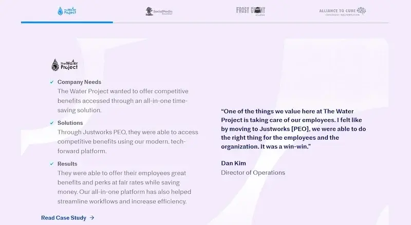 Beispiel für aussagekräftigen Social Proof mit Fallstudien auf der Justworks B2B-Landingpage