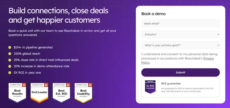 Minimalistisches und intuitives Kontaktformular auf der Reachdesk B2B-Landingpage