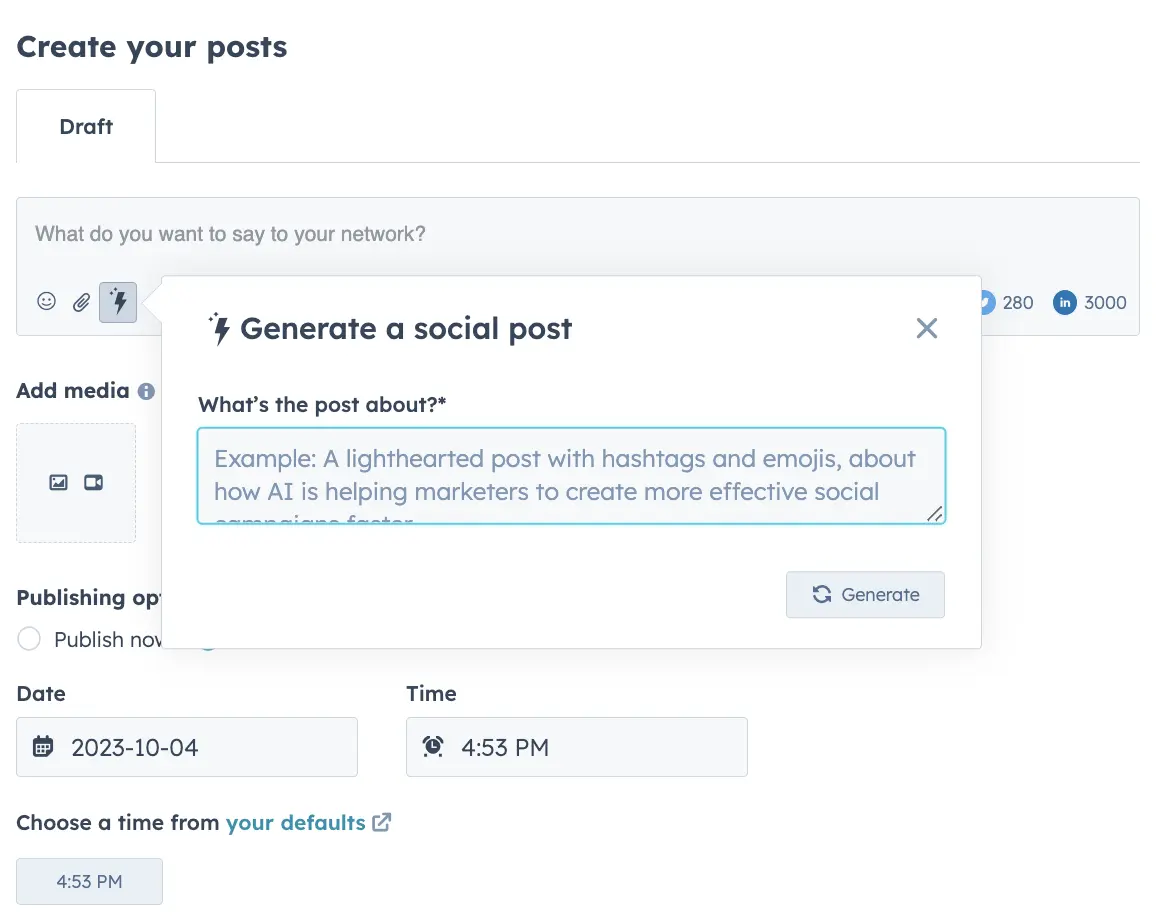 A screenshot of HubSpot's AI tool generating a social media post for LinkedIn, showing the prompt and the generated text.