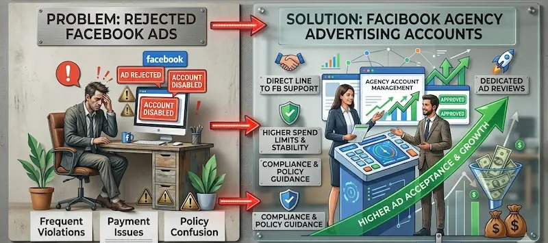 图表展示了代理商 Facebook 广告账户如何帮助提升广告活动效果。