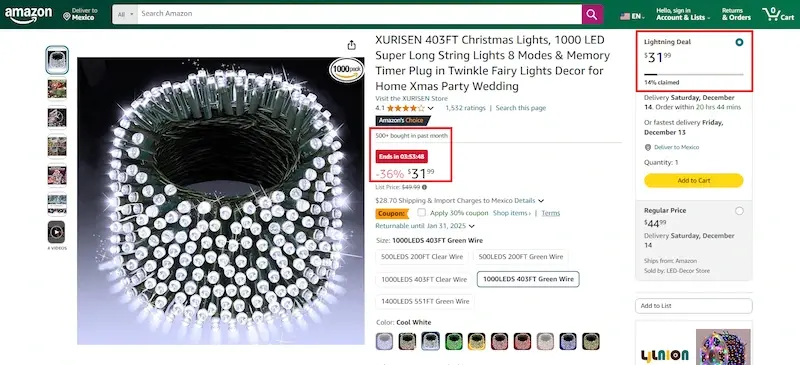 Exemple d'une 'Offre Éclair' sur Amazon pour des lumières de Noël, affichant un stock limité et un compte à rebours pour créer l'urgence.