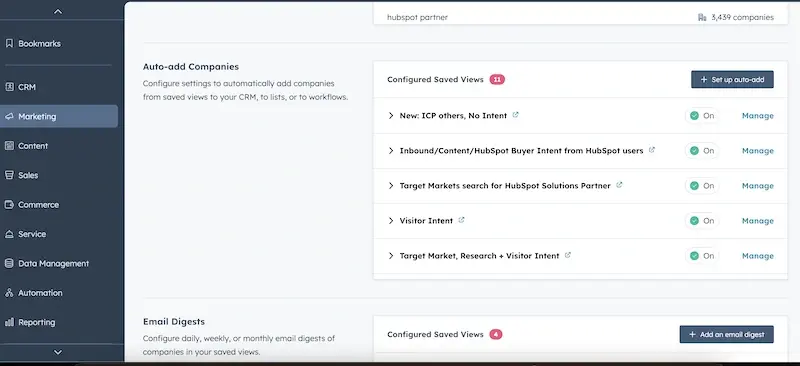 Captură de ecran a funcției de adăugare automată a companiilor în HubSpot.