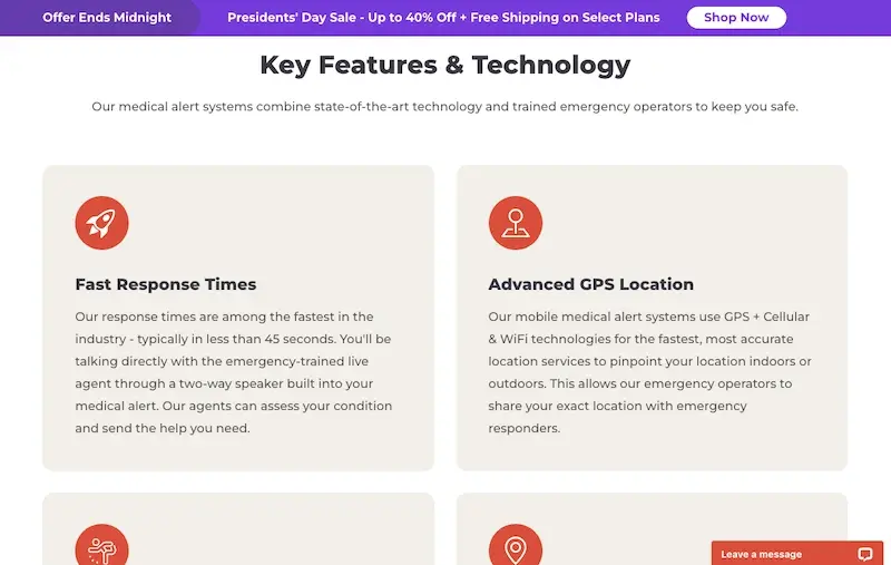 Screenshot der Bay Alarm Medical Website mit übersichtlich strukturierten Inhalten und Produktmerkmalen
