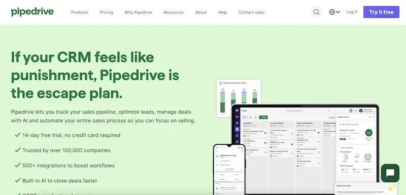 Captura de pantalla de la interfaz de Pipedrive, que muestra un pipeline de ventas visual con etapas de negocio.