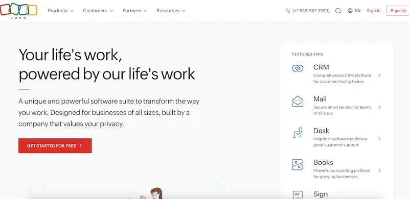 Captura de pantalla de la interfaz de Zoho CRM, que muestra un panel de control con métricas de ventas y actividades.
