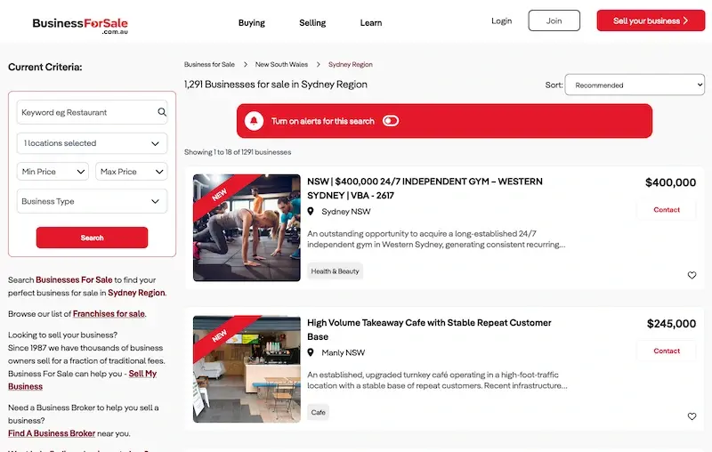 Screenshot der Webseite von Business for Sale, die Transparenz durch echte Angebote und klare Preisangaben demonstriert.
