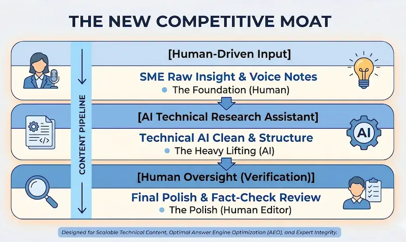 Diagramma che illustra il vantaggio competitivo dei dati proprietari e della competenza umana rispetto ai contenuti generati da IA generalista per argomenti tecnici.