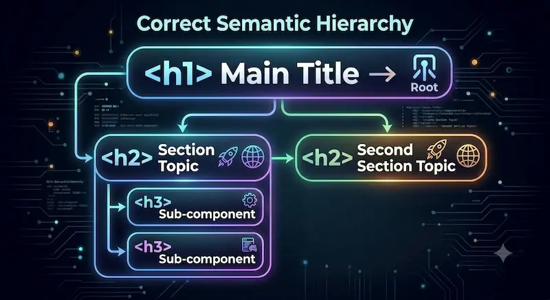 Diagramma che illustra la corretta gerarchia semantica delle intestazioni HTML da H1 a H4