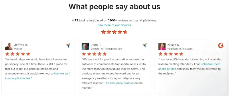 Esempi di testimonianze di clienti sul sito DialMyCalls, complete di foto, nomi e ruoli professionali.