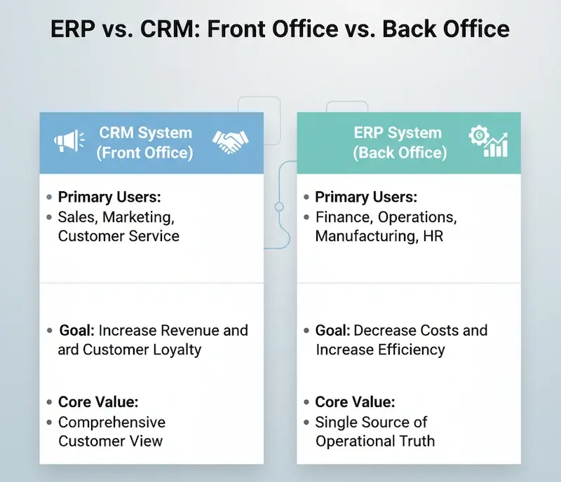 Ein Diagramm, das die Hauptnutzer und täglichen Auswirkungen von CRM- und ERP-Systemen vergleicht. CRM-Nutzer sind Vertrieb, Marketing und Kundenservice. ERP-Nutzer sind Finanzen, Betrieb und Personalwesen.